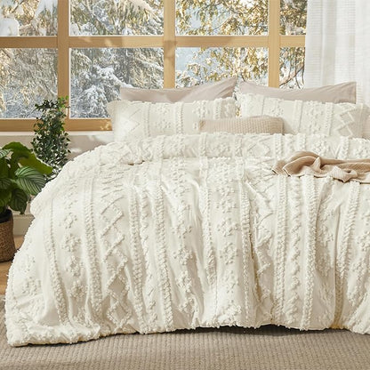 Bedsure Tufted Boho Comforter Set Queen Size - Ivory Boho Bed Set, GentleSoft™ 3 Pieces Farmhouse Shabby Chic Embroidery Bedding, Gifts for Woman, Soft Jacquard Queen Comforter for All Seasons