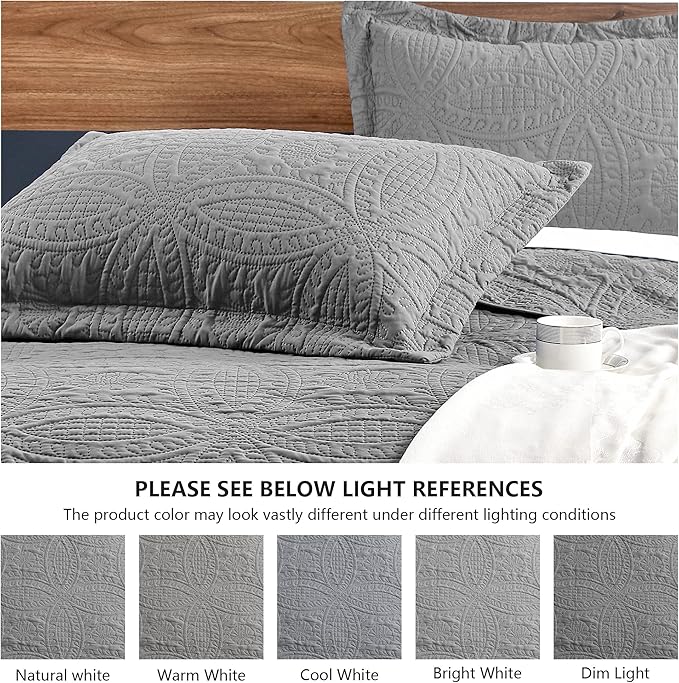 Love's cabin King Size Quilt Set Grey Bedspreads - Soft Bed Summer Lightweight Bedspread Comforter - Modern Style Coin Pattern Coverlet for All Season - 3 Pieces (1 Quilt, 2 Pillow Shams)