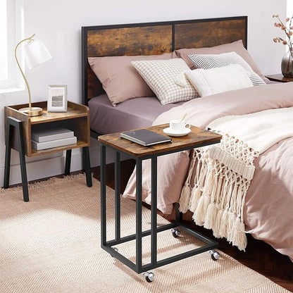 VASAGLE End Table, C Shaped TV Tray with Metal Frame Rolling Casters, Industrial Side Table for Living Room Bedroom, 19.7 x 13.8 x 23.6 Inches, Rustic Brown and Black