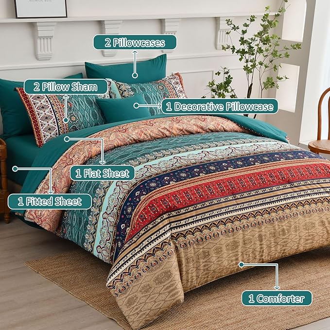 Cottolester Boho Queen Size Comforter Set 8 Pieces,Green and Brown Bohemian Striped Bed in a Bag,Floral Soft Microfiber Bedding Comforter Set