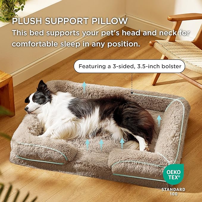Bedsure Orthopedic Dog Beds Large Sized Dog - Washable Large Dog Cat Bed Waterproof, Comfort Dogs Couch Sofa with Washable Removable Cover, Pet Bed with Nonskid Bottom, Long Faux Fur-Taupe, 35"-Mewly Pet