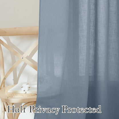 RYB HOME Elegant Semi Sheer Curtains for Nursery Kids Room, Linen Blended Burlap Fabric Light Filtering Breathable Bohemian Home Decor for Living Room Bedroom, Dusty Blue, W 100 x L 90, 1 Pc