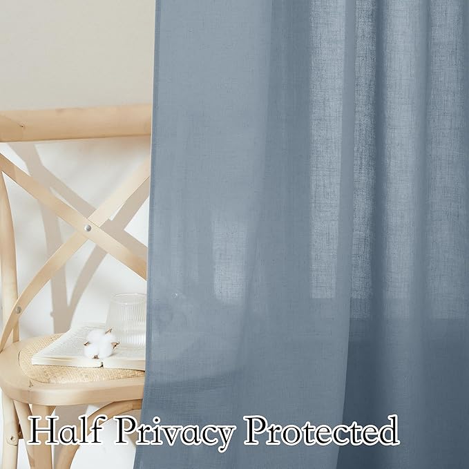 RYB HOME Linen Curtains 95 inch Length for Living Room Bedroom, Light Filtering Half Privacy Rustic Extra Long Elegant Semi Sheer for Kitchen Bathroom, W 100 x L 95 inches, Dusty Blue, 1 Panel