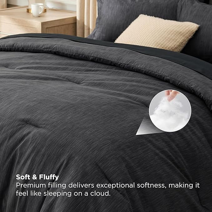 Bedsure Full Comforter Set Black - Bed in a Bag Full Size Bedding 7 Pieces, Cationic Dyed Bed Set Gift for Family, Black Soft Bedding for All Seasons Comforter with Sheets, Pillowcases & Shams