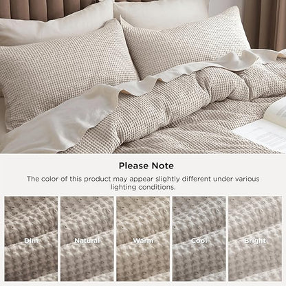 Bedsure 100% Cotton Duvet Cover King Size with Fitted Sheet - 4 Pieces Linen Color Waffle Weave Bedding Set, GentleSoft™ and Breathable, Includes 1 Duvet Cover 104x90, 1 Fitted Sheet, 2 Pillow Shams