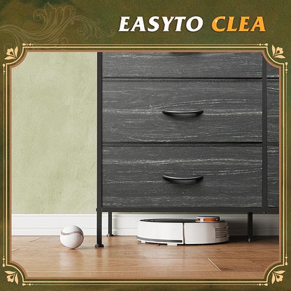 WLIVE 6 Drawer Dresser for Bedroom, Wide Fabric Dresser TV Stand for 50 Inches TV with Metal Frame, Wooden Top, Chest of Drawers, Dressers for Living Room, Hallway, Charcoal Black Wood Grain Print
