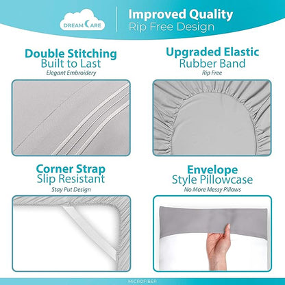 DREAMCARE Twin Sheets Set – 3pcs Cooling Sheets – up to 15” Deep Pocket Twin Sheet Set – Hotel Luxury Sheets & Pillowcases – Superior Softness 100% Fine Microfiber with Side Pocket – Light Gray