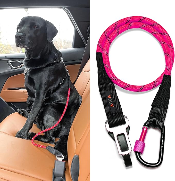 Dog Seat Belt for Car | Universal Dog Car Seatbelt | Durable Reflective Rope with Clip Hook Latch, Buckle and Carabiner- Safe and Secure Pet Safety Restraint (Pink)-Mewly Pet