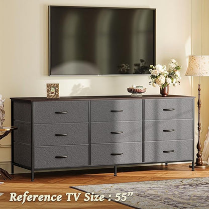 Huuger Long Dresser for Bedroom, 55 Inch TV Stand for 55, 60 Inch TV, Entertainment Center with Drawers, Large Storage 9 Fabric Drawers Dresser, Closet, Dark Grey