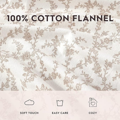Laura Ashley - Flannel Sheets Full Size, Anti-Pilling & Wrinkle Resistant Cotton, Touchably Soft for All-Season Comfort - Bed Sheets with Matching Pillowcases & Fitted Sheet (Victoria Beige)
