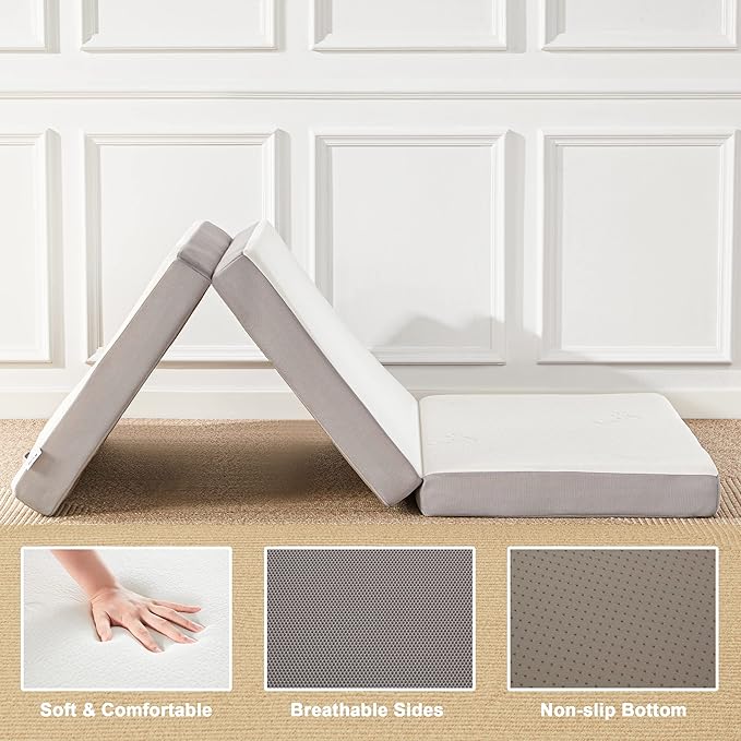 Folding Mattress - 4 Inch Memory Foam Tri-fold Mattress with Breathable & Washable Bamboo Fiber Fabric Cover - Foldable Guest Bed for Camping, Road Trip, Full