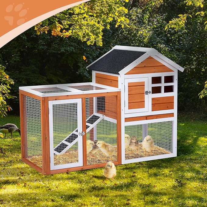 Outvita Rabbit Hutch, Small Wood Chicken Coop, 48" Guinea Pig Cage w/Pull-Out Tray, Waterproof Asphalt Roof, Chicken Run, Interactive Door for Small Animal Pen Outdoor-Mewly Pet