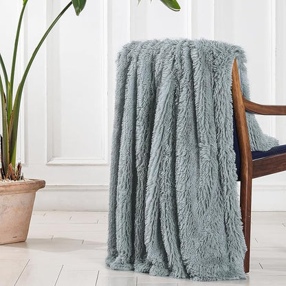 Tuddrom Decorative Extra Soft Faux Fur Blanket Queen Size 80"x90",Solid Reversible Fuzzy Fluffy Cozy Plush Fleece Comfy Microfiber Fur Blanket for Couch Sofa Bed,Gray Blue