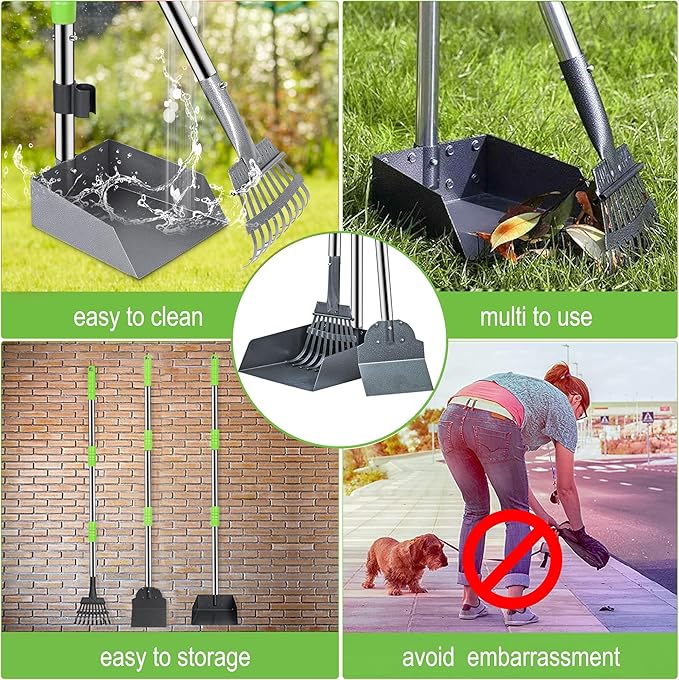 Niubya Pooper Scooper for Dogs, Metal Poop Scooper Tray Spade and Rake Set, Poop Scoop with Adjustable Long Handle, Dog Pooper Scooper for Pet Waste Removal-Mewly Pet