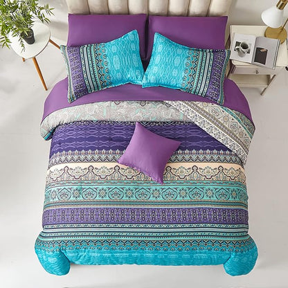 Cottolester Boho Comforter Set Queen Size 8 Piece Bed in a Bag Bohemian Striped Bedding Quilt Set Aqua Paisley Floral Comforter and Sheet Set,Soft Microfiber Complete Bedding Sets for All Season