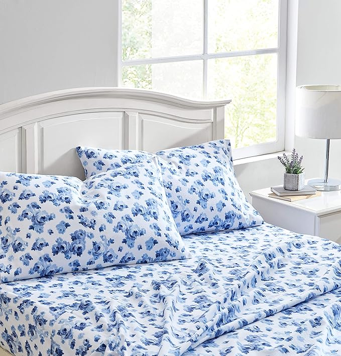 Laura Ashley - Flannel Sheets King Size, Anti-Pilling & Wrinkle Resistant Cotton, Touchably Soft for All-Season Comfort - Bed Sheets with Matching Pillowcases & Fitted Sheet (Emelisa Blue)