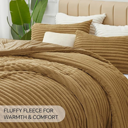 BEDELITE Fleece King Comforter Set -Super Soft & Warm Fluffy Brown Bedding, Luxury Fuzzy Heavy Bed Set for Winter with 2 Pillow Cases