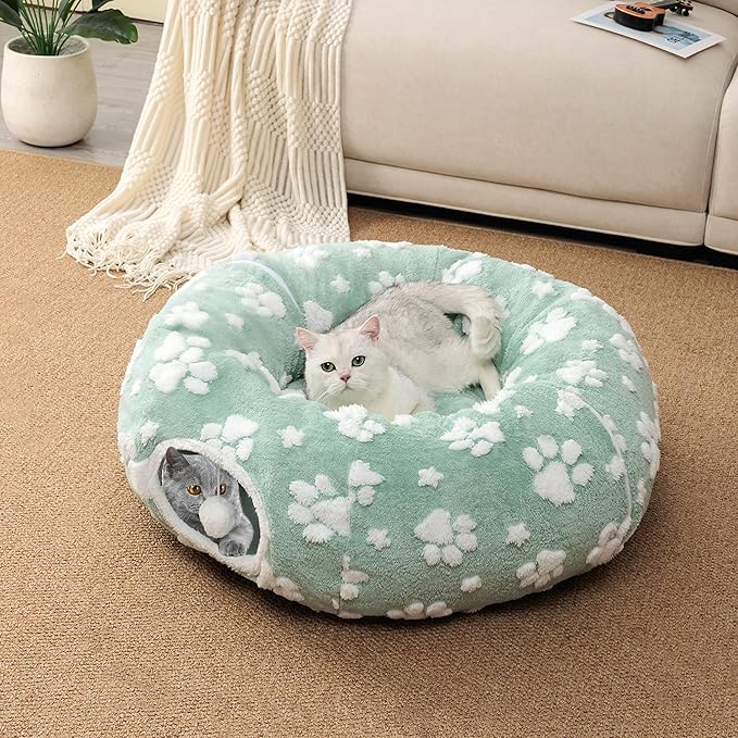 Cat Tunnel for Indoor Cats, Cute Peekaboo Cave with Dangling Balls, Pet Donut Tunnel Bed with Circle Mat for Puppy Kitten Rabbit, Green-Mewly Pet