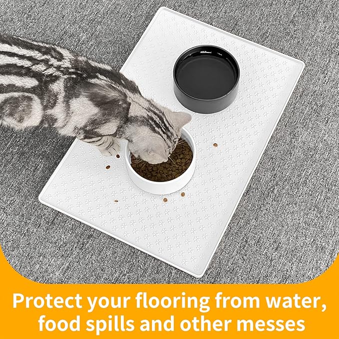 Ptlom Pet Placemat for Dog and Cat, Waterproof Silicone Pet Feeding Bowl Mats for Food and Water, Small Medium Large Dogs Mat Prevent Residues from Spilling to Floor, White, 31.5" 23.6"-Mewly Pet
