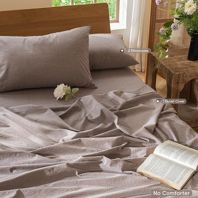 MooMee Bedding Duvet Cover Set 100% Washed Cotton Linen Like Textured Breathable Durable Soft Comfy (Heathered Mauve Brown, Super King 108"x98")