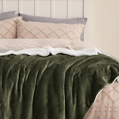 Bedsure GentleSoft Sherpa Fleece Throw Blanket for Couch - Thick and Warm, Soft Fuzzy Plush Throw Blanket for Winter, Olive Green, 50x60 Inches