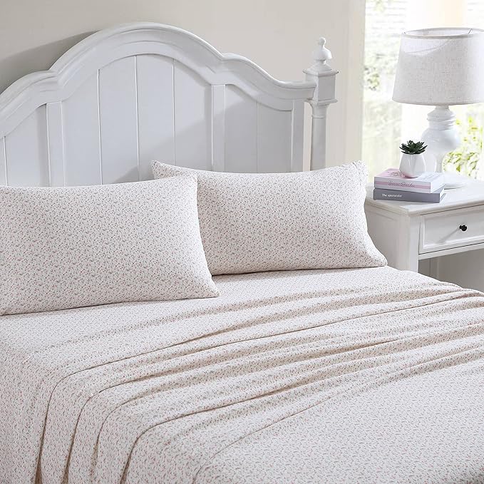 Laura Ashley - Flannel Sheets Twin Size, Anti-Pilling & Wrinkle Resistant Cotton, Touchably Soft for All-Season Comfort - Bed Sheets with Matching Pillowcase & Fitted Sheet (Evie Pink)