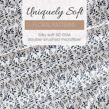 Linen Market Double-Brushed Patterned Microfiber Queen Sheet Set 4 Piece – Oeko-TEX Certified Ultra Soft & Wrinkle-Free - 16" Deep Pocket Sheets - Easy Care Queen Size - Burst of Vines Navy