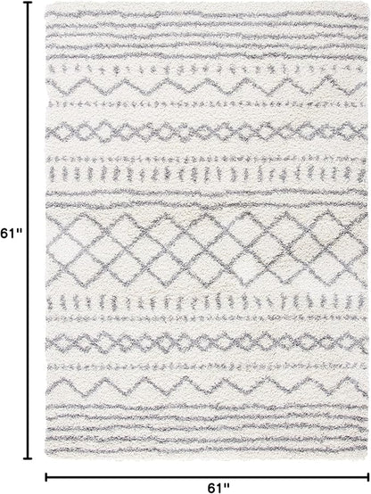 SAFAVIEH Arizona Shag Collection Area Rug - 5'1" Square, Ivory & Grey, Moroccan Design, Non-Shedding, 1.6-inch Thick, Ideal for High Traffic Areas in Living Room, Bedroom (ASG741F-5SQ)