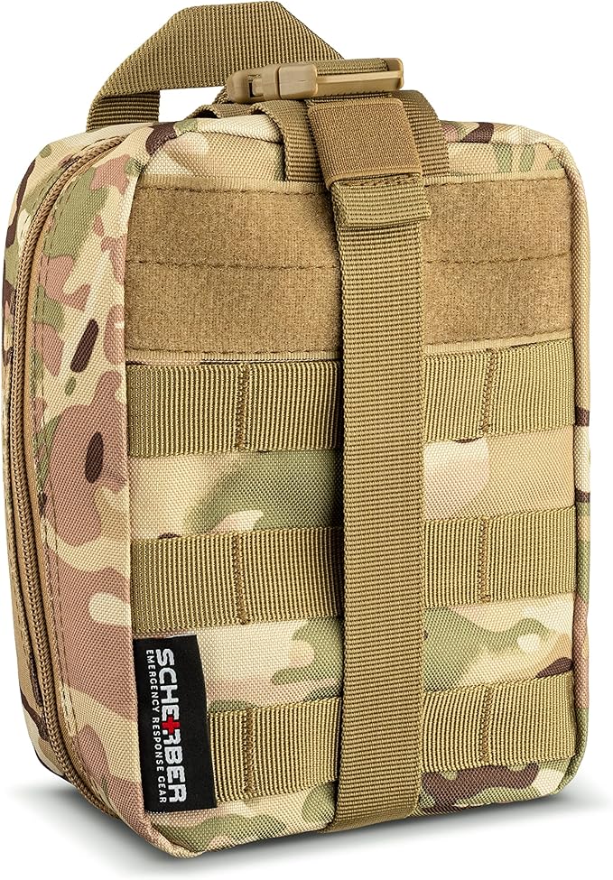 Scherber Premium IFAK Kit Trauma Pack Fully Stocked MOLLE Pouch w/CAT Tourniquet, HyFin Vent Chest Seal, & Israeli Bandage Trauma Kit for Emergency, Gunshot, Bleeding, & Major Wound Care (Camouflage)-Mewly Pet