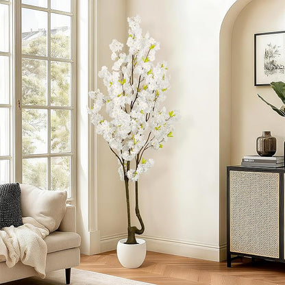 Faux White Cherry Blossom Tree 7ft(84in) Tall Artificial Plant Indoor Decor Handmade Natural Fake White Flower Tree for Wedding Realistic Cherry Plant in Pot for Home Living Room,Office,Outdoor Decor.