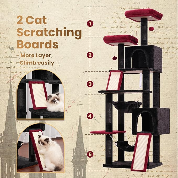 Cat Tree for Indoor Cats, 71'' (180cm) Multi-Level Cat Tower for Large Adult, Gothic Sturdy Cat Tree House with 2 Scratching Boards 7 Posts, 2 Plush Perches/Condos, Hammock, Black GCT032BR-Mewly Pet