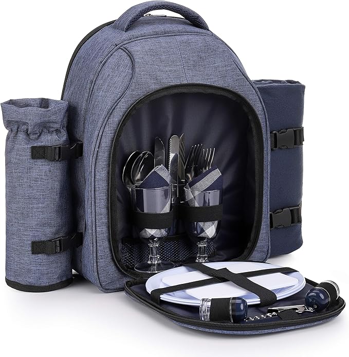 Apollo Walker Picnic Backpack Bag for 2 Person with Cooler Compartment, Detachable Bottle/Wine Holder, Fleece Blanket, Plates and Cutlery Set (2 Person, Navy)-Mewly Pet