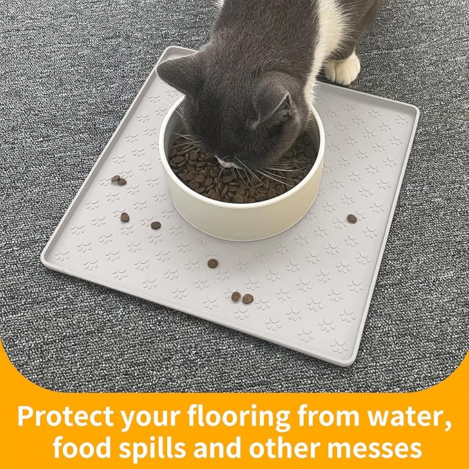 Ptlom Dog Food Mat Anti-Slip Bowl Mats for Food and Water, Waterproof Silicone Pet Placemat with High Raised Edges, Non-Slip Puppy Feeding Tray for Small, Medium Large Cats Dogs, Cream, 11.8"x11.8"-Mewly Pet