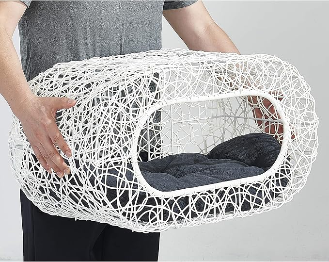 D+GARDEN Fun Stackable White Cat Condo for Indoor Cats - Interactive Play Rattan Modern Cat House for Indoor Cats Kitty, Pet Friendly Top/Side House Entry, Cat Bed Enclosed-Mewly Pet