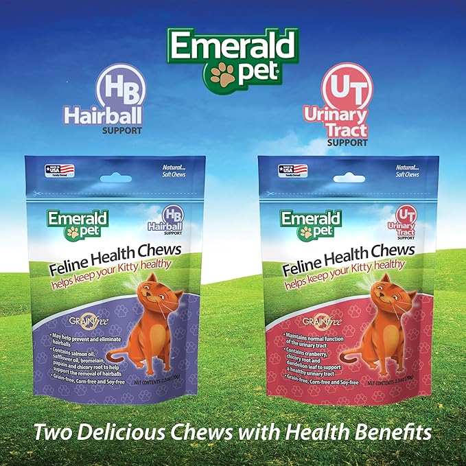 Emerald Pet Feline Health Chews Hairball Support — Natural Grain Free Feline Hairball Control Chews — Hairball Control Cat Supplements for Hairball Prevention and Elimination — Made in USA, 2.5 oz-Mewly Pet
