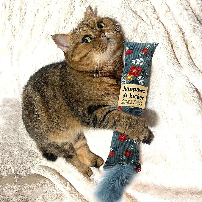2 Pack Natural Interactive Catnip & Silvervine Cat Kicker with Feathers, Bite Resistant Chew Toy, Crinkle Kicker, Accessories for Indoor Cat, Premium Corduroy Floral-Mewly Pet