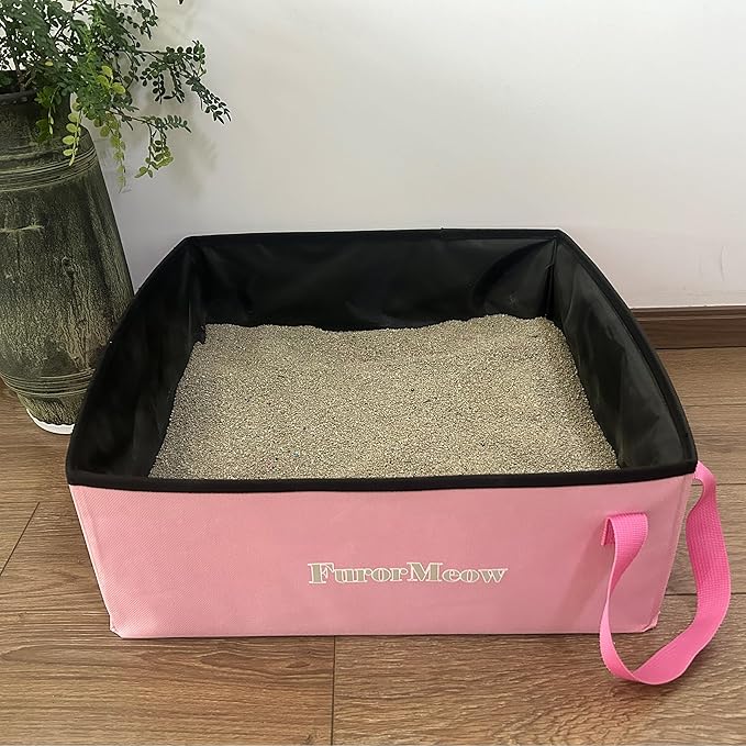Pink Portable Cat Litter Box, Firm Waterproof Foldable for Travelling for Cats, Including Crinkle Ball, Poop Bags, Foldable Bowl and Scoop, 15.8x15.8x5.9 inches-Mewly Pet