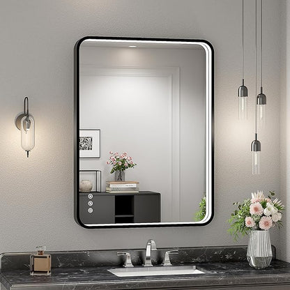 24x32 Inch LED Bathroom Mirror with Lights, Black Metal Framed LED Mirror for Bathroom, 3 Colors and Stepless Dimmable Wall Mounted Lighted Bathroom Vanity Mirror, Anti-Fog, Memory