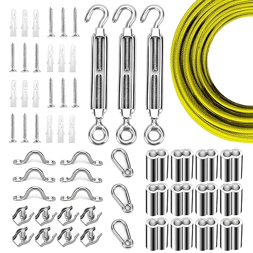 Globe String Light Suspension Kit, Outdoor Light Guide Wire, Vinyl Coated Stainless Steel Steel Cable，Include 100ft Transparent PVC and 304 Stainless Steel Wire Cable, Turnbuckle and Hooks
