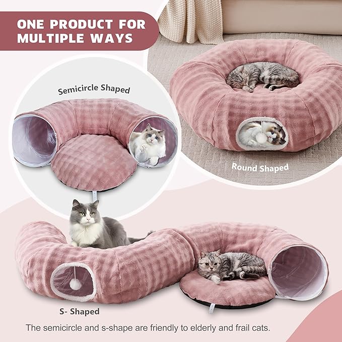 Bubble Cat Tunnel for Indoor Cats, Round Peekaboo Cave Toy with Dangling Balls, Donut Tunnel Bed with Circle Mat for Puppy Kitten Rabbit, Dusty Pink-Mewly Pet