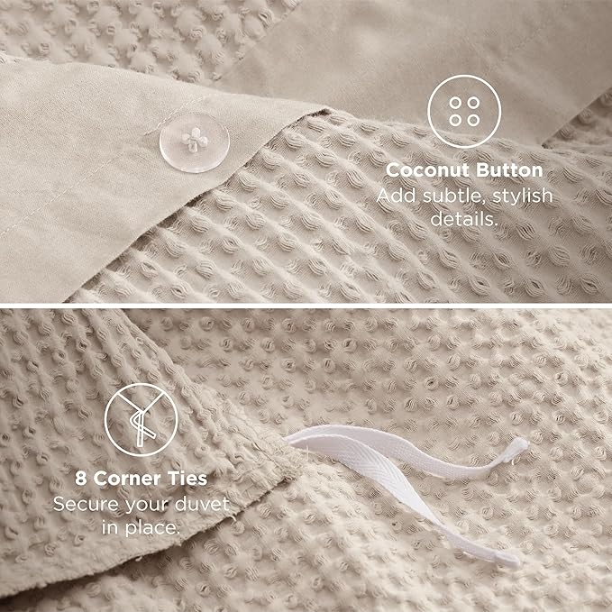 Bedsure Cotton Duvet Cover Set - 100% Cotton Waffle Weave Beige Duvet Cover Oversized Queen Size, GentleSoft™ and Breathable Bedding Set for All Season, 3 Pieces, 98"x98"