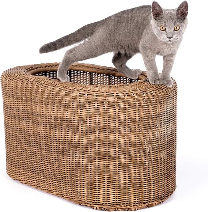Fun Stackable Wicker Cat Hideaway House - Interactive Play Rattan Cat House for Indoor Cats Kitty, Pet Friendly Top/Side House Entry, Cat Bed Enclosed-Mewly Pet