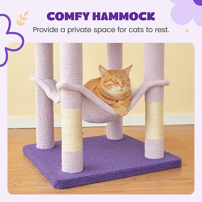 MWPO Flower Cat Tree for Indoor Cats, 63.8 Inches Multi-Level Cat Tower with Sisal-Covered Scratching Posts, Padded Platform, Hammock, Dangling Toys, Stable Cat Condo Pet Play House-Mewly Pet
