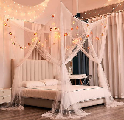 Mengersi Bed Canopy with Lights,Maple Leaf Pumpkin Canopy Bed Curtains Mosquito net,Halloween Theme Party Supplies Festival Decor,White