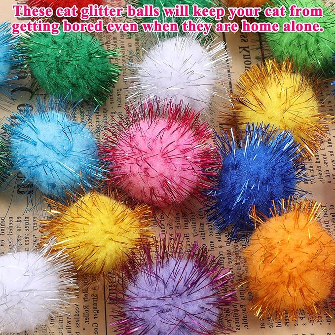 40 Pcs Pom Pom Balls for Kittens Colorful Pompom Balls for Cats Sparkle Ball for Cats Interactive Cat Toy Set for Exercise and Entertainment-Mewly Pet