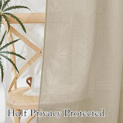 RYB HOME Flax Linen Blend Sheer Curtains for Living Room, Semi Sheer Curtains & Drapes Grommet Farmhouse Country Boho Style Window Curtains for Bedroom Sliding Glass Door, W52 x L108, 2 Pcs, Beige