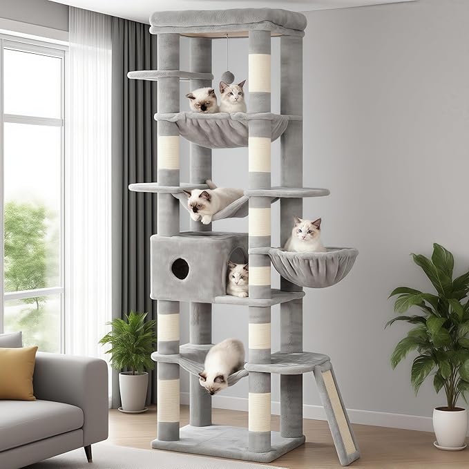 Hey-brother Cat Tree, 69.3-Inches Multi-Level Plush Cat Tower for Indoor Cats with Large Top Perch, Extra Spacious Hammock, 2 Hammocks Ramp, Hanging Ball, Light Gray MPJ037W-Mewly Pet