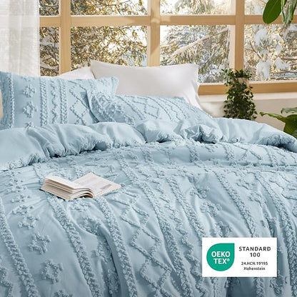Bedsure Tufted Boho Comforter Set Full Size - Dusty Blue Boho Bed Set, GentleSoft™ 3 Pieces Farmhouse Shabby Chic Embroidery Bedding, Gifts for Woman, Soft Jacquard Full Comforter for All Seasons