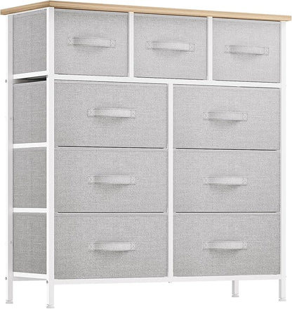 YITAHOME 9 Drawer Dresser, Light Gray Fabric Storage Tower, Tall Organizer Unit for Room, Living Room, Hallway, Closets - Sturdy Steel Frame, Wooden Top & Easy Pull Bins