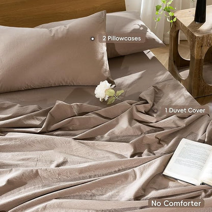 MooMee Bedding Duvet Cover Set 100% Washed Cotton Linen Like Textured Breathable Durable Soft Comfy (Solid Brown, Oversized Queen 98"x98")